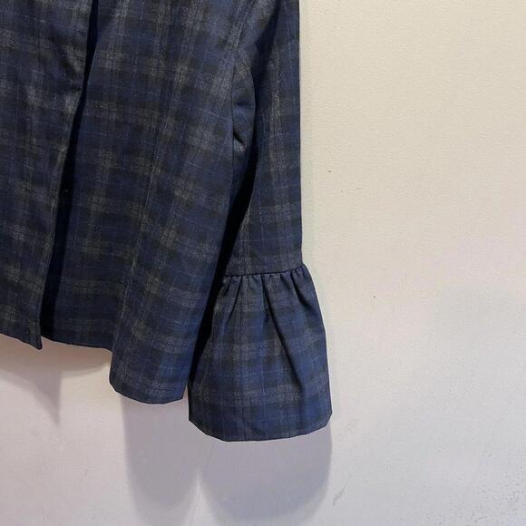 ZARA BASIC Jacket Medium Blazer Gray Black Blue Plaid Bell Sleeve Q12 - Picture 3 of 5